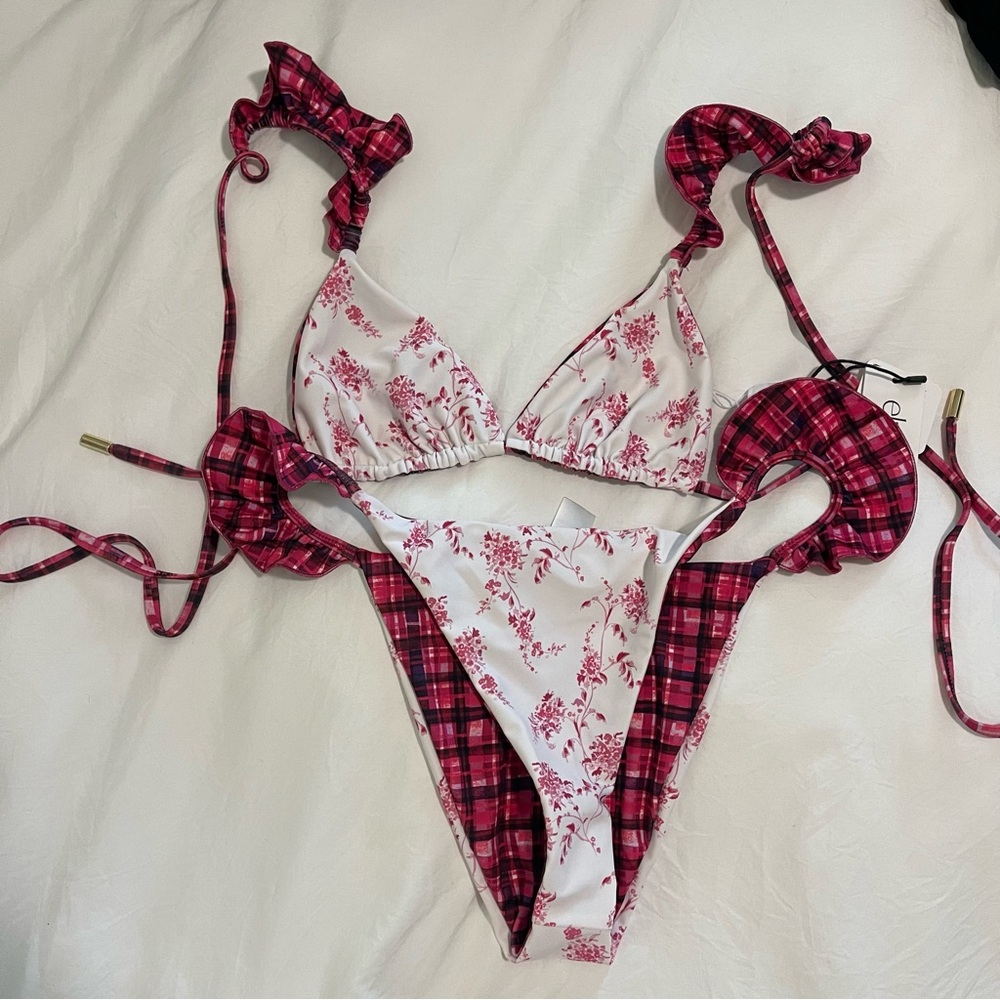 Elysiian Floral and Plaid Reversible Bikini Set